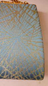 Pretty Vintage 1950s Formal Clutch Bag. Blue and Gold Atomic Fabric, Fancy Clasp and Chain