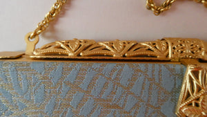 Pretty Vintage 1950s Formal Clutch Bag. Blue and Gold Atomic Fabric, Fancy Clasp and Chain