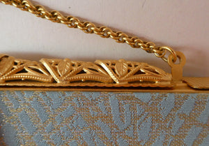 Pretty Vintage 1950s Formal Clutch Bag. Blue and Gold Atomic Fabric, Fancy Clasp and Chain