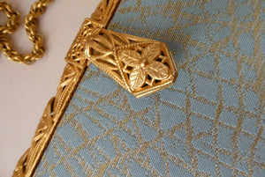 Pretty Vintage 1950s Formal Clutch Bag. Blue and Gold Atomic Fabric, Fancy Clasp and Chain