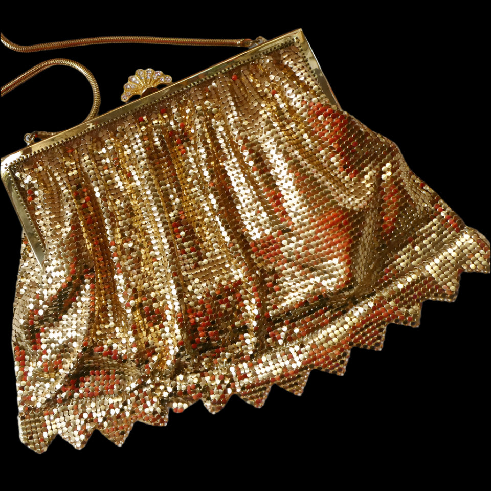 Beautiful LARGE Vintage 1960s GOLD GLOMESH Evening Bag; with Fancy Diamond Set Clasp