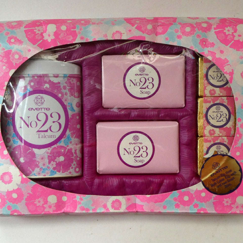 Vintage 1960s FLOWER POWER Cosmetics. 1960s No.23 by Evette. Powder, Soaps and Bath Cubes 