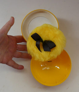 1960s KIKU Yellow Plastic Dusting Powder Ball. With original fluffy puff and sealed Faberge talcum powder