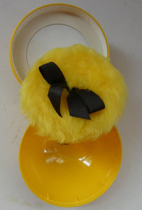 1960s KIKU Yellow Plastic Dusting Powder Ball. With original fluffy puff and sealed Faberge talcum powder