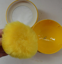Load image into Gallery viewer, 1960s KIKU Yellow Plastic Dusting Powder Ball. With original fluffy puff and sealed Faberge talcum powder

