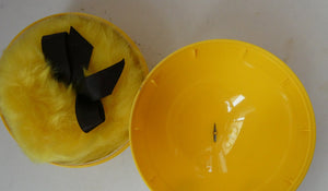 1960s KIKU Yellow Plastic Dusting Powder Ball. With original fluffy puff and sealed Faberge talcum powder