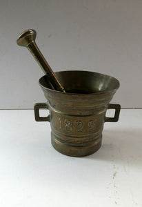 Antique Pharmacy Heavy Solid Brass Mortar And Pestle (B). Dated 1825