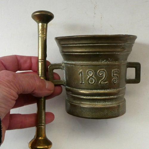 Antique Pharmacy Heavy Solid Brass Mortar And Pestle (B). Dated 1825