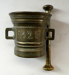 Antique Pharmacy Heavy Solid Brass Mortar And Pestle (B). Dated 1825