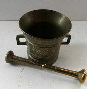 Antique Pharmacy Heavy Solid Brass Mortar And Pestle (B). Dated 1825