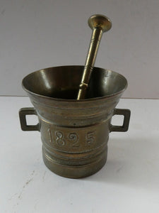 Antique Pharmacy Heavy Solid Brass Mortar And Pestle (B). Dated 1825