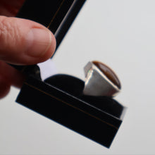 Load image into Gallery viewer, Vintage 1977 Hallmarked Space Age Silver Rings with Oval Tiger&#39;s Eye Inclusion. Size O
