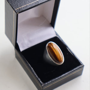 Vintage 1977 Hallmarked Space Age Silver Rings with Oval Tiger's Eye Inclusion. Size O