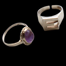 Load image into Gallery viewer, TWO Vintage Child&#39;s Size Silver Rings; One with the Initial &quot;E&quot; and the other (smaller) with an Amethyst.
