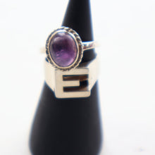 Load image into Gallery viewer, TWO Vintage Child&#39;s Size Silver Rings; One with the Initial &quot;E&quot; and the other (smaller) with an Amethyst.

