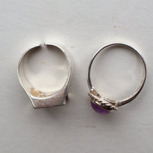 Load image into Gallery viewer, TWO Vintage Child&#39;s Size Silver Rings; One with the Initial &quot;E&quot; and the other (smaller) with an Amethyst.

