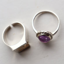 Load image into Gallery viewer, TWO Vintage Child&#39;s Size Silver Rings; One with the Initial &quot;E&quot; and the other (smaller) with an Amethyst.
