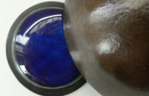 Antique Arts & Crafts Copper Ink Well with Ruskin Ceramic Roundel. Original Ceramic Well