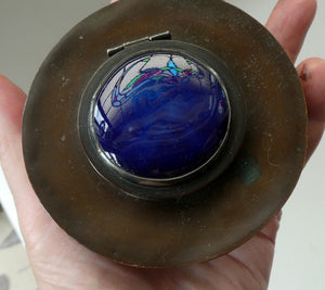 Antique Arts & Crafts Copper Ink Well with Ruskin Ceramic Roundel. Original Ceramic Well