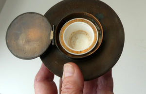 Antique Arts & Crafts Copper Ink Well with Ruskin Ceramic Roundel. Original Ceramic Well