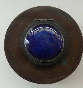 Antique Arts & Crafts Copper Ink Well with Ruskin Ceramic Roundel. Original Ceramic Well