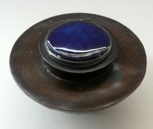 Antique Arts & Crafts Copper Ink Well with Ruskin Ceramic Roundel. Original Ceramic Well