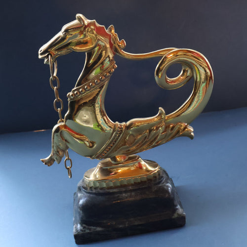 Old Venetian Polished Brass Gondola Hippocampus Oar Lock. Mounted on Heavy Carved Stone Base