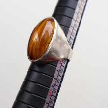 Load image into Gallery viewer, Vintage 1977 Hallmarked Space Age Silver Rings with Oval Tiger&#39;s Eye Inclusion. Size O
