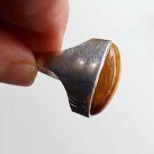 Load image into Gallery viewer, Vintage 1977 Hallmarked Space Age Silver Rings with Oval Tiger&#39;s Eye Inclusion. Size O
