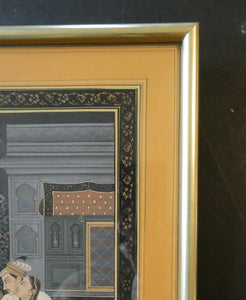 Original Indian Mughal Style Watercolour Painting on Paper. Courting Couple in the Moonlight Relaxing on a Balcony
