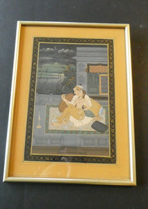 Original Indian Mughal Style Watercolour Painting on Paper. Courting Couple in the Moonlight Relaxing on a Balcony