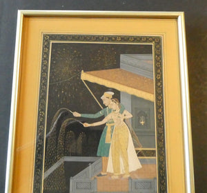 Original Indian Mughal Style Watercolour Painting on Paper. Couple in the Moonlight Watching a Firework Display
