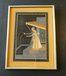 Original Indian Mughal Style Watercolour Painting on Paper. Couple in the Moonlight Watching a Firework Display