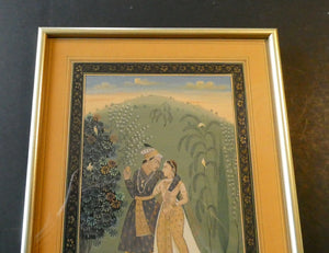 Original Indian Mughal Style Watercolour Painting on Paper. Romantic Couple Walking in a Garden Landscape
