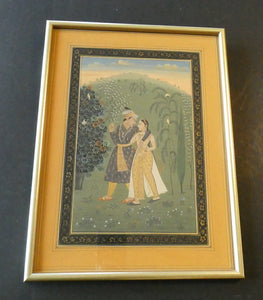 Original Indian Mughal Style Watercolour Painting on Paper. Romantic Couple Walking in a Garden Landscape
