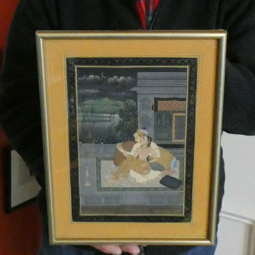 Original Indian Mughal Style Watercolour Painting on Paper. Courting Couple in the Moonlight Relaxing on a Balcony