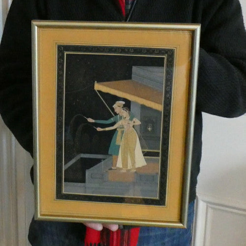 Original Indian Mughal Style Watercolour Painting on Paper. Couple in the Moonlight Watching a Firework Display