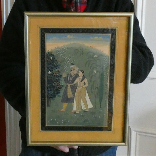 Original Indian Mughal Style Watercolour Painting on Paper. Romantic Couple Walking in a Garden Landscape