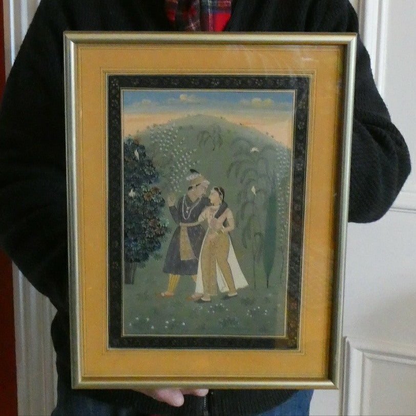 Original Indian Mughal Style Watercolour Painting on Paper. Romantic Couple Walking in a Garden Landscape