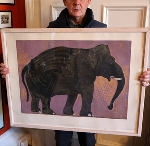 AMERICAN ART. Robert Rivers: Large 1990s Colour Etching Entitled "Elephant in Purple Garden". FRAMED