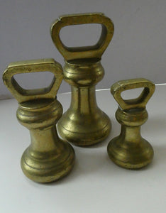 Three Antique Bell Shape Brass Weights Pooley of Liverpool 7lbs. 4lbs, 2lbs