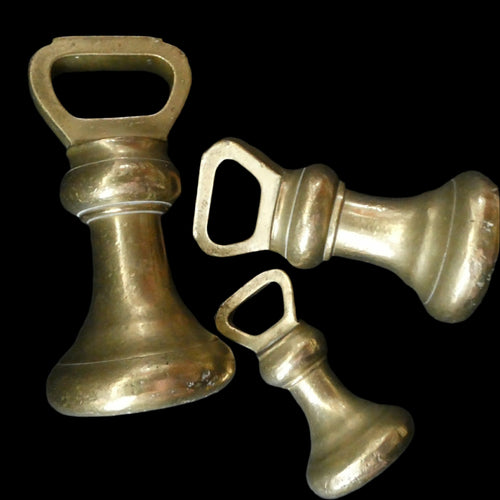 Three Antique Bell Shape Brass Weights Pooley of Liverpool 7lbs. 4lbs, 2lbs