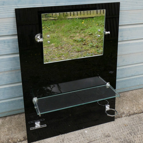 Vintage 1930s Art Deco Black Vitrolite Glass Bathroom Splashback with Mirror and Glass Shelf
