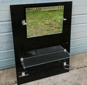 Vintage 1930s Art Deco Black Vitrolite Glass Bathroom Splashback with Mirror and Glass Shelf