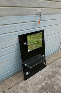 Vintage 1930s Art Deco Black Vitrolite Glass Bathroom Splashback with Mirror and Glass Shelf