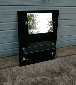 Vintage 1930s Art Deco Black Vitrolite Glass Bathroom Splashback with Mirror and Glass Shelf