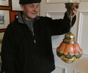 Early 20th Century Continental ART NOUVEAU / JUGENDSTIL Glass Hanging Light with Brass Fittings
