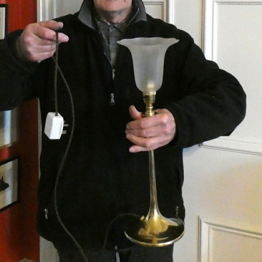 Antique Arts and Crafts Brass Lamp and Opaque White Glass Shade. DRYAD of Leicester Style