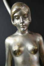 Load image into Gallery viewer, Stunning 1930s ART DECO Metal Table Lamp. Silver-Tone Kneeling Nude. Pink Glass Shade
