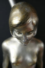 Load image into Gallery viewer, Stunning 1930s ART DECO Metal Table Lamp. Silver-Tone Kneeling Nude. Pink Glass Shade
